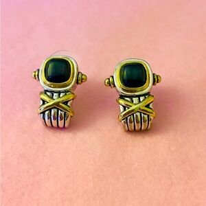 Vintage silver plated black cat eye cabochon earrings